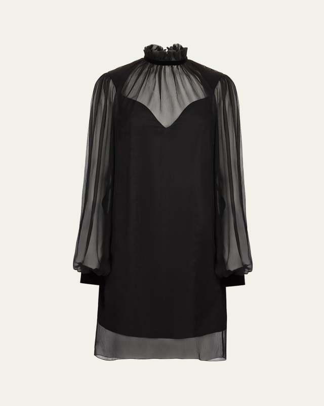 Ruffle-Neck Sheer Silk Mini Dress